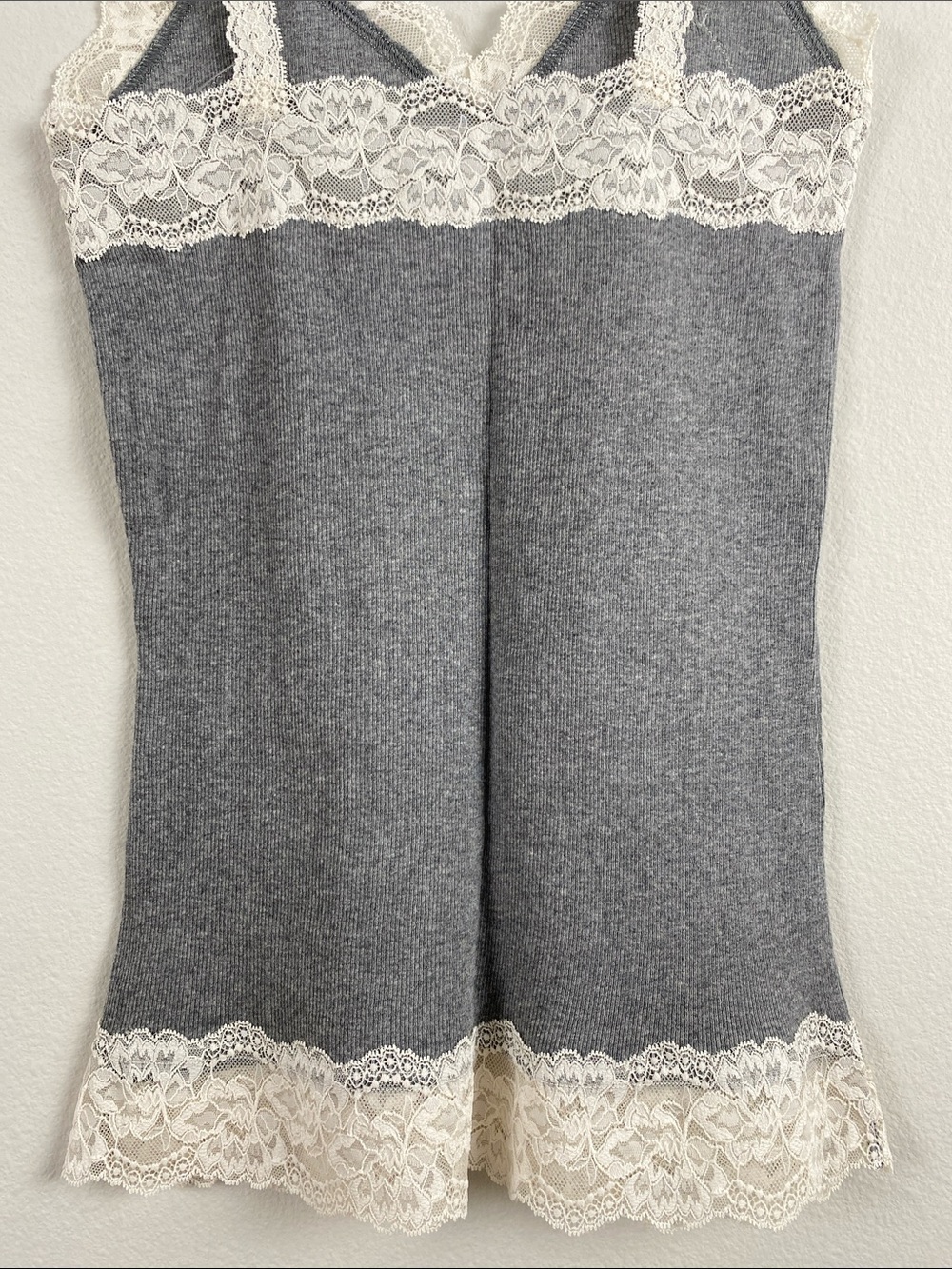 Abercrombie & Fitch Lace Embroidered Ribbed Camisole/Tank Top | Gray/Ivory - Picture 6 of 16